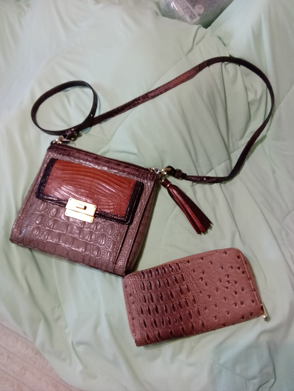 Brahmin Mimosa Vintage Brown Croc-Embossed Crossbody Bag with Tassel